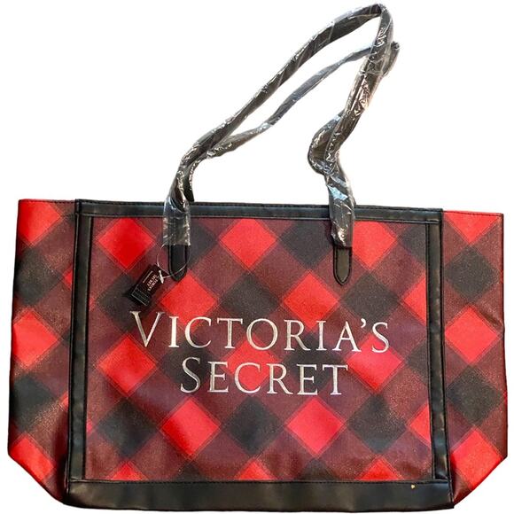 Victorias Secret Tote Bag Holiday Christmas Black & Red Plaid Large NWT - Picture 3 of 5